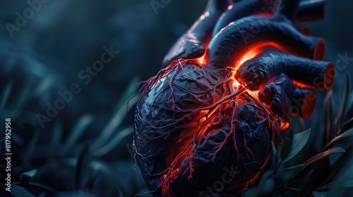 Gloomy image of clogged arteries in an aging heart. Cool tones. Close. photo