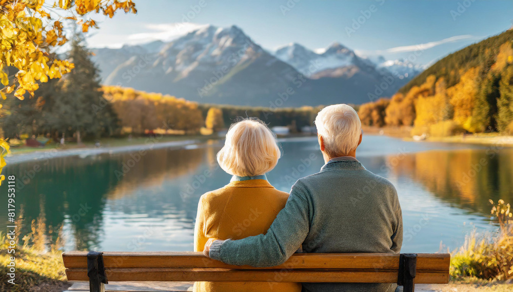 senior couple sits on a bench, overlooking a serene lake on a sunny autumn day. The vibrant fall foliage surrounds them, symbolizing enduring love, companionship, and the passage of time senior couple sits on a bench, overlooking a serene lake on a sunny autumn day. The vibrant fall foliage surrounds them, symbolizing enduring love, companionship, and the passage of time