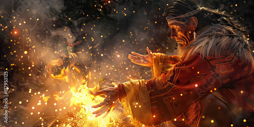 A shaman conducts a ritual amidst dancing flames, communing with spirits and nature