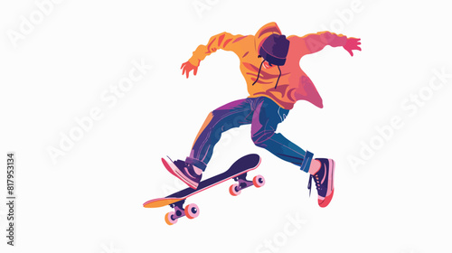 Skater jumping riding skateboard. Young cool man tric