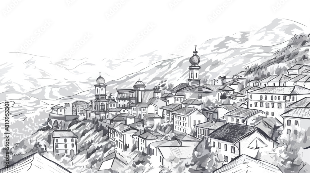 Sketch of mountain landscape with Georgian town hand