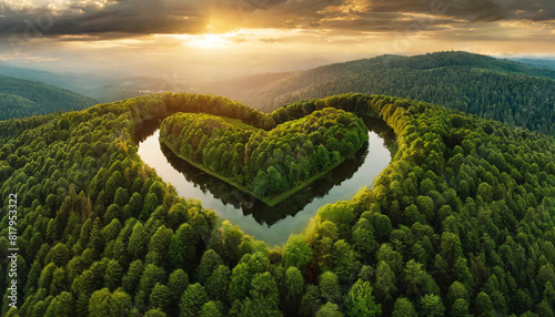 Aerial view of a lush, green forest forming the shape of a heart, symbolizing love for nature, commitment to ecology, and the importance of protecting biodiversity and addressing climate change
