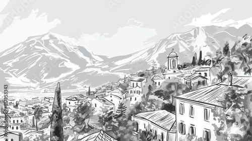 Sketch of mountain landscape with Georgian town hand