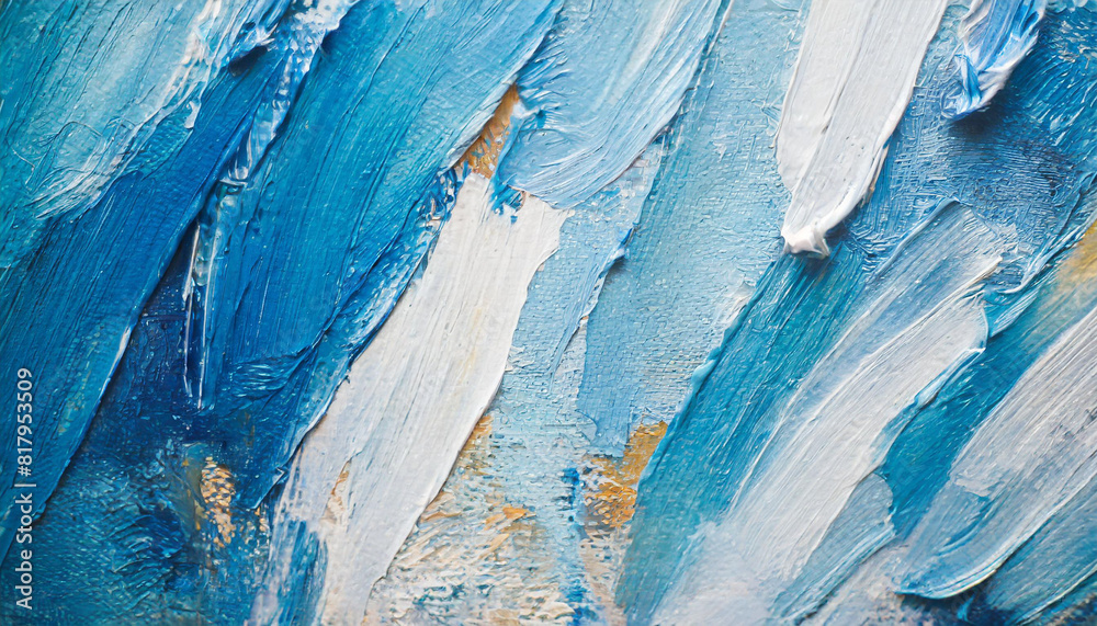 abstract modern art with dynamic blue and white hues on canvas. Bold brushstrokes and textured layers create depth, symbolizing emotion and fluidity in contemporary visual expression