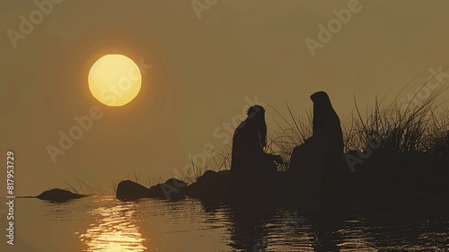  A minimalist illustration of Jesus with the Samaritan woman at the well of Jacob, showcasing simple and clean lines to create a serene atmosphere, with a focus on the interaction  photo