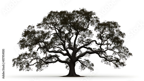 A majestic oak tree silhouette against a solid white background