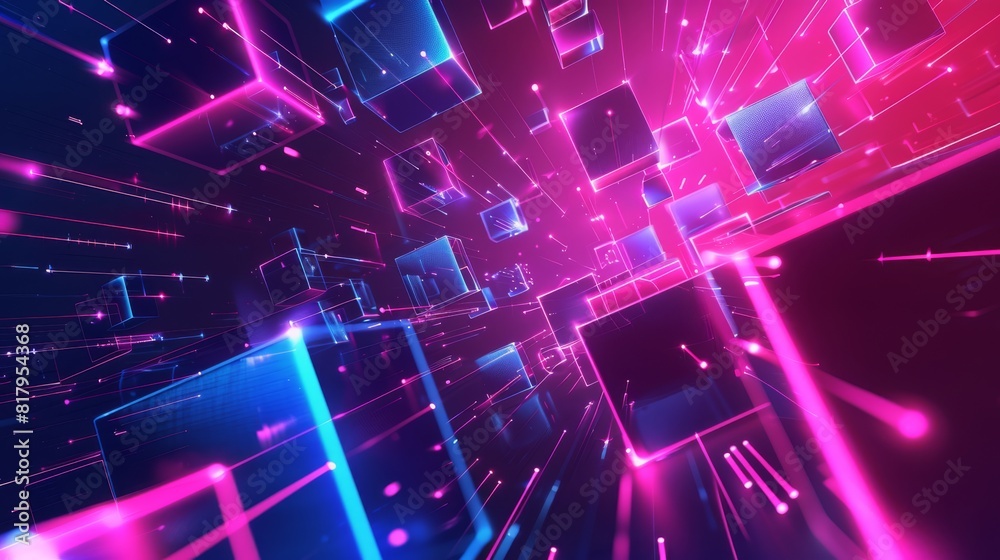 Abstract background. Sci fi conceptual design. Pattern of neon glowing pink and blue squares in futuristic style. High quality photo Abstract background. Sci fi conceptual design. Pattern of neon glowing pink and blue squares in futuristic style. High quality photo