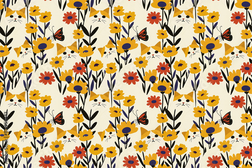 A seamless pattern featuring playful cats in various poses
