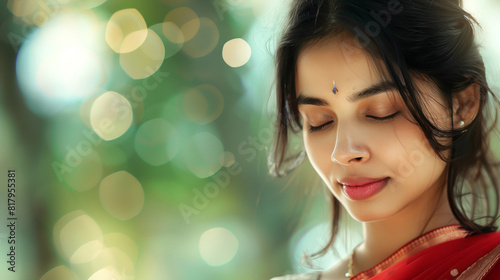 Beautiful Indian woman wearing saree, festive look, bokeh background