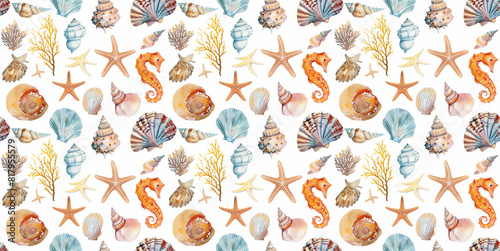 A seamless pattern of watercolor seashells and starfish, watercolor hand drawn seashells and starfish seamless pattern isolated on white background