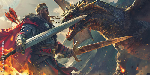 A Norse warrior battles a fearsome dragon, sword aloft, courage and strength embodied