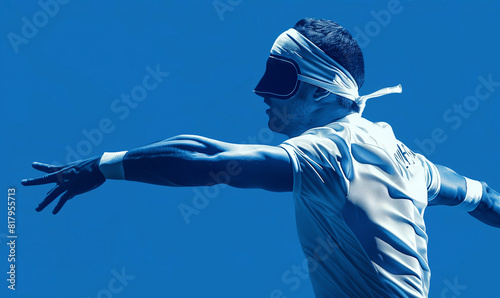 goalball, blind football player runs after the ball, blue and white colors, minimalism, illustration with copy space