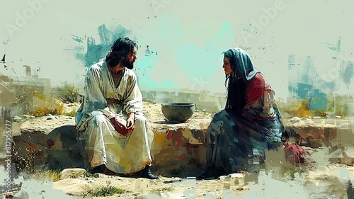  A minimalist illustration of Jesus with the Samaritan woman at the well of Jacob, showcasing simple and clean lines to create a serene atmosphere, with a focus on the interaction  photo