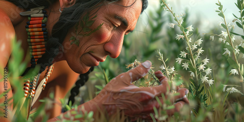 A Native American medicine man uses herbs to heal and nourish the tribe, respecting the cycle of life and death