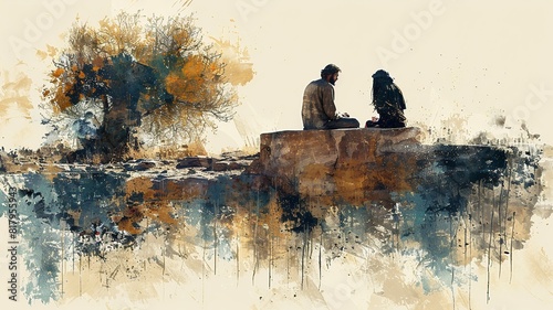  A minimalist illustration of Jesus with the Samaritan woman at the well of Jacob, showcasing simple and clean lines to create a serene atmosphere, with a focus on the interaction 