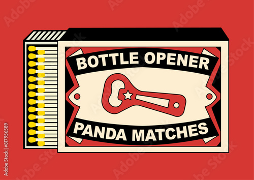 Bottle Opener (chabi, key) illustration in Matchbox and matches vector. Vintage and antique matchbox packaging design illustration. retro style packaging. old style design. open box and template