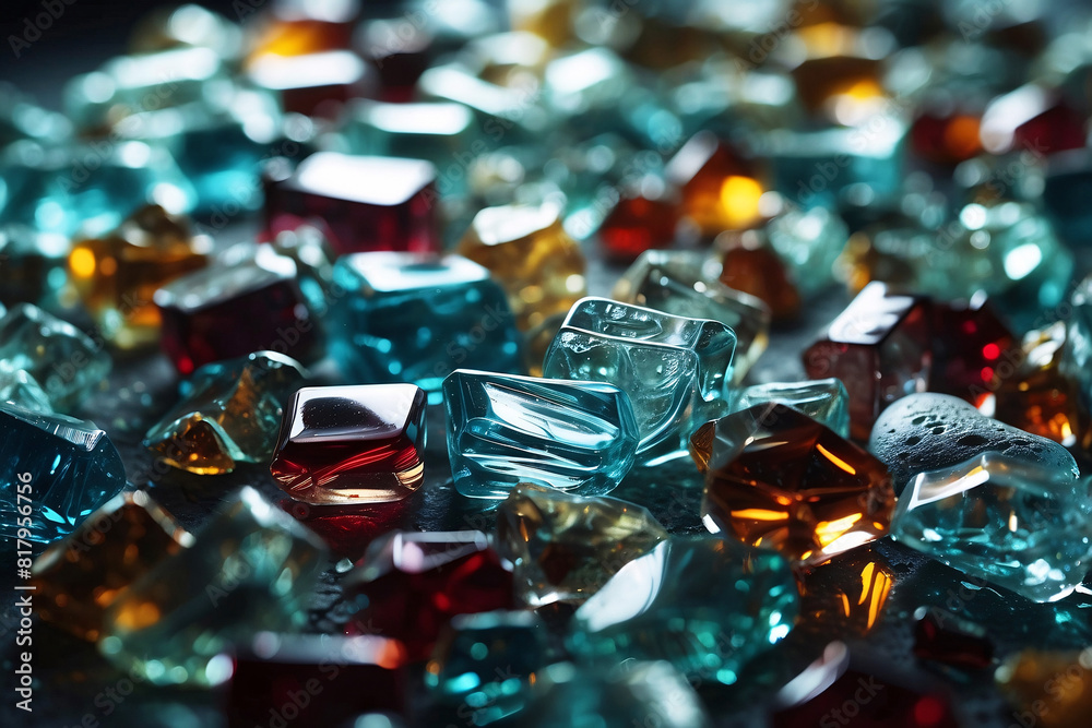 This vibrant image captures brilliant multi-colored glass gems and cubes illuminated, creating a sparkling effect This vibrant image captures brilliant multi-colored glass gems and cubes illuminated, creating a sparkling effect