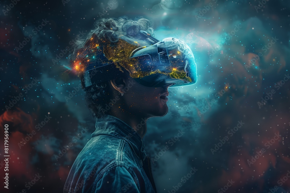 A person wearing VR glasses with the Earth and sky in their head
