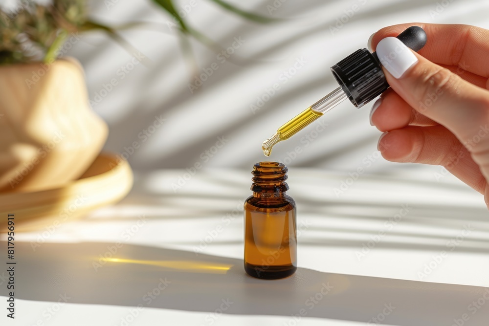 Natural Wellness and Beauty: Hand Dropping Essential Oil from Dropper into Amber Bottle with Sunlight Background. CBD dosage guide. A person holding a dropper with CBD oil. Light background.