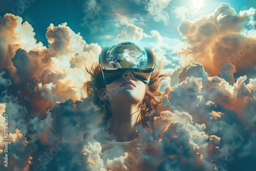A person wearing VR glasses, the Earth in their head, surrealism, fantasy style