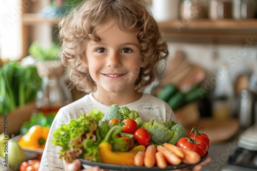 Joyful Young Child Holding a Bowl of Fresh Colorful Vegetables in Bright Kitchen - Healthy Eating Concept