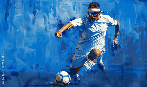 goalball banner, parafootball player with gas bandage, running after the ball, blue and white colors, minimalism, illustration with copy space