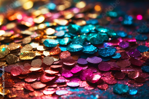 An image featuring overlapping layers of brightly colored glitter in warm tones adding depth to the texture photo
