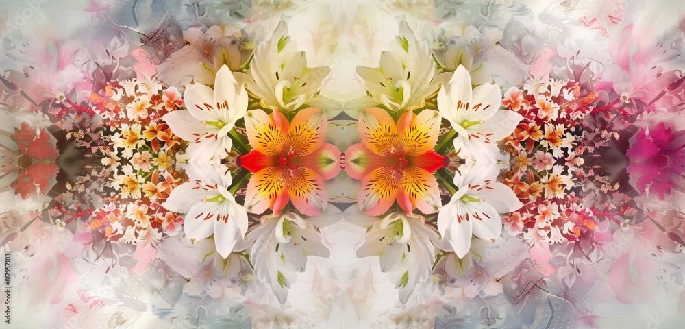 spring flowers in elegant and symmetrical patterns within abstract background, that highlights the natural beauty and grace of each bloom