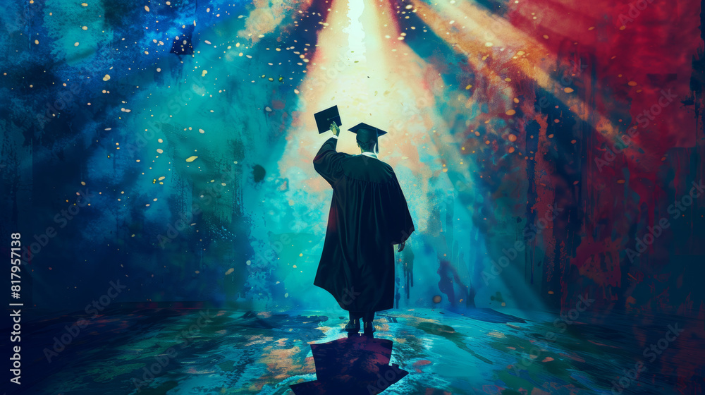 Silhouette of a graduate holding up their cap, standing under vibrant, colorful lights, symbolizing achievement and new beginnings.
