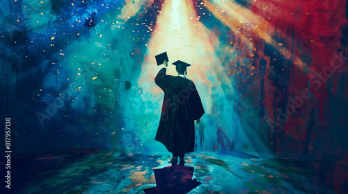 Silhouette of a graduate holding up their cap, standing under vibrant, colorful lights, symbolizing achievement and new beginnings.
 photo