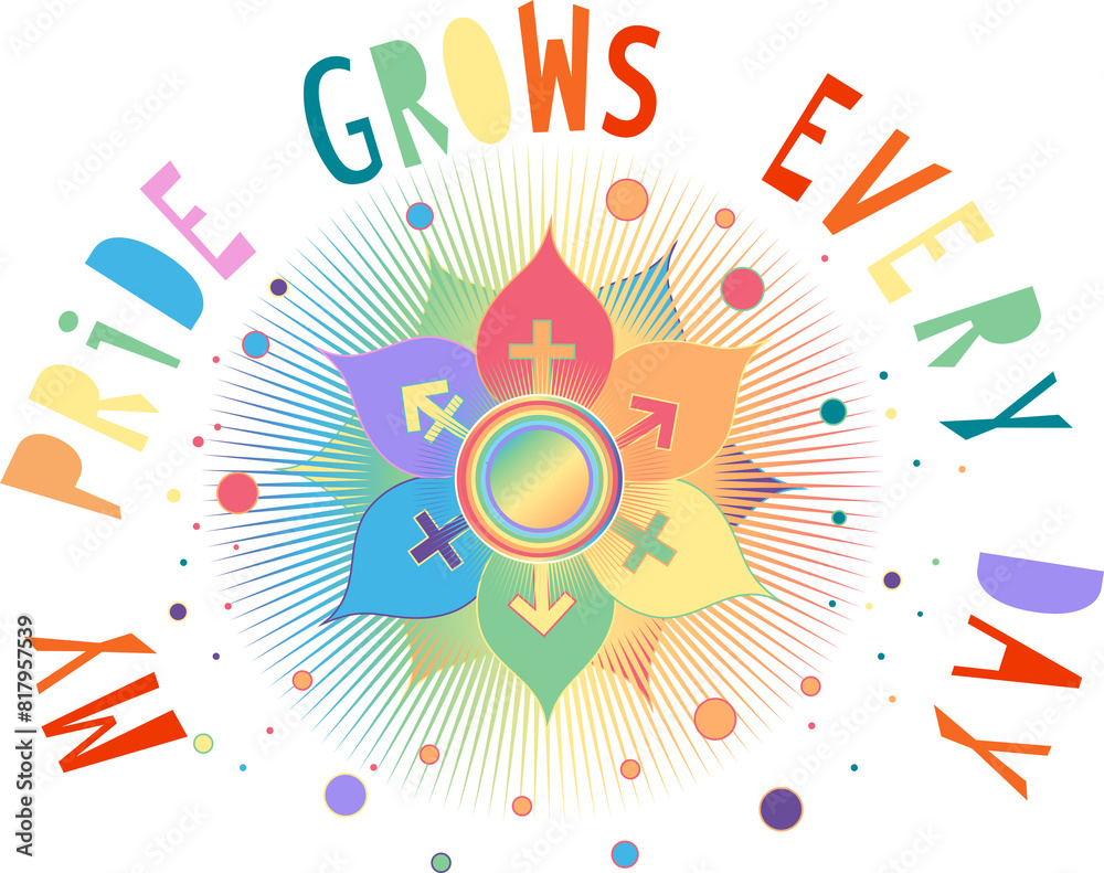 Obraz premium Farbenfrohe und inspirierende Illustration zum Thema Pride. Zeigt eine leuchtende Blume mit Symbolen der LGBTQ+ Community und die Blütenblätter stehen Gemeinschaft und Stärke