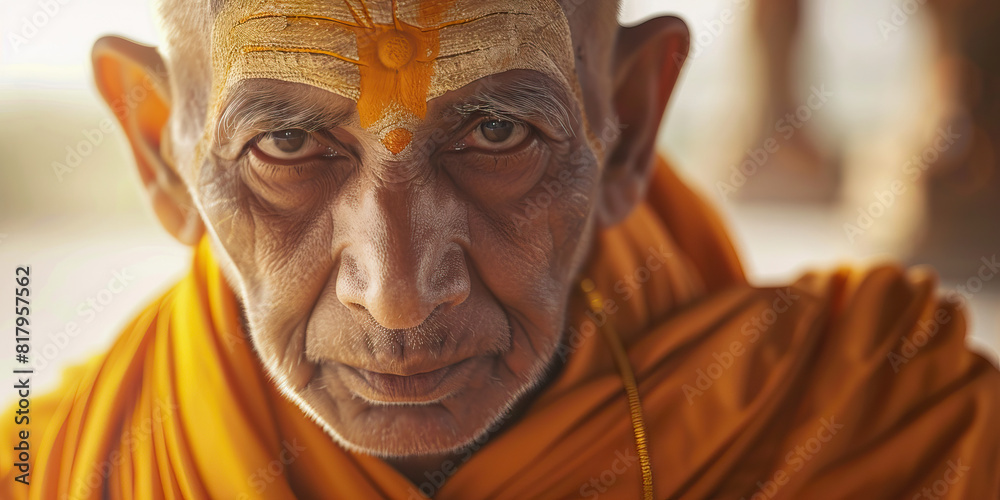 A Jain monk, preaching the importance of non-violence and peaceful coexistence. Orange robe. A Jain monk, preaching the importance of non-violence and peaceful coexistence. Orange robe.