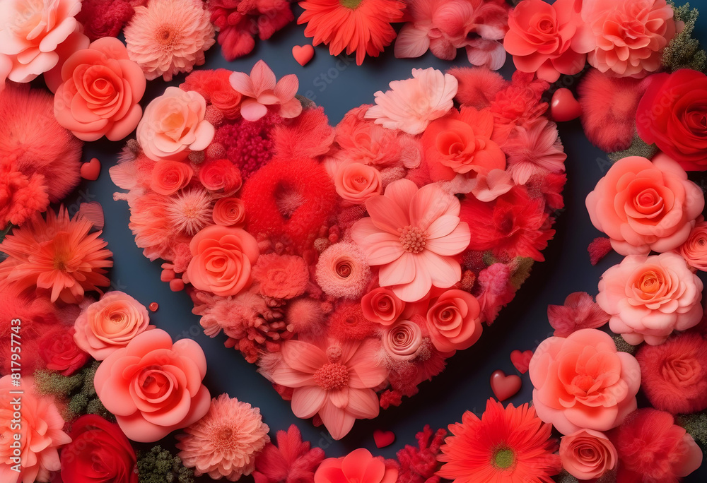 A heart-shaped arrangement of flowers in various shades of coral