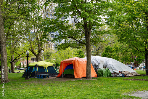 Photography Homeless tents in the park.