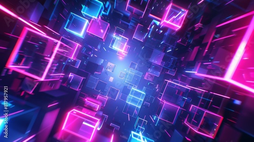 Abstract background. Sci fi conceptual design. Pattern of neon glowing pink and blue squares in futuristic style. High quality photo
