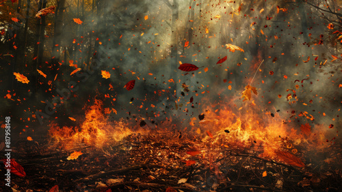 Dramatic scene of a forest fire with flames, burning leaves, and thick smoke, illustrating the destructive force of wildfires in nature.
 photo