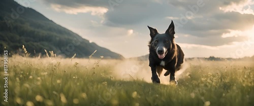 a dog running in a beautiful meadow photo