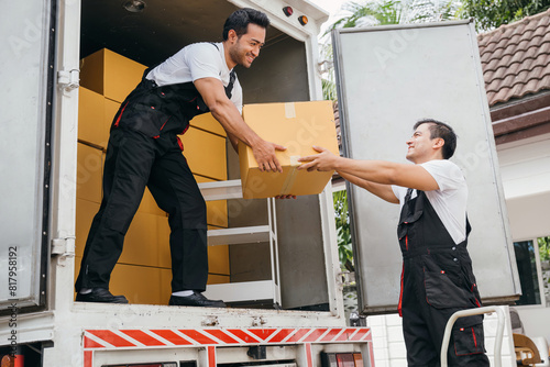 Efficiently working together removal service employees unload boxes and furniture from the truck into the new home. Their teamwork ensures a smooth move and delivers happiness. Moving Day photo