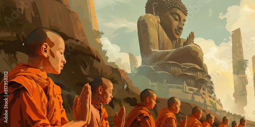 A group of monks, hands clasped in prayer, meditate beneath a towering Buddha statue, finding solace in ancient wisdom