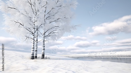 A serene birch tree against a snowy white surface