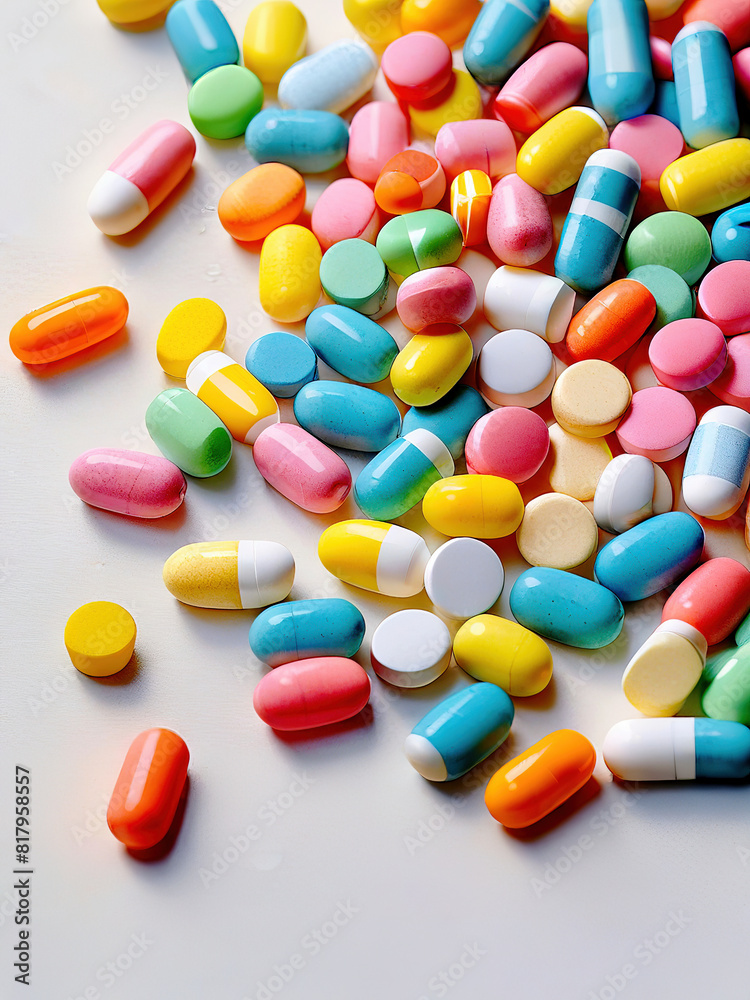 Pile of multicolored pharmacological pills and capsules on a white surface. Pile of multicolored pharmacological pills and capsules on a white surface.