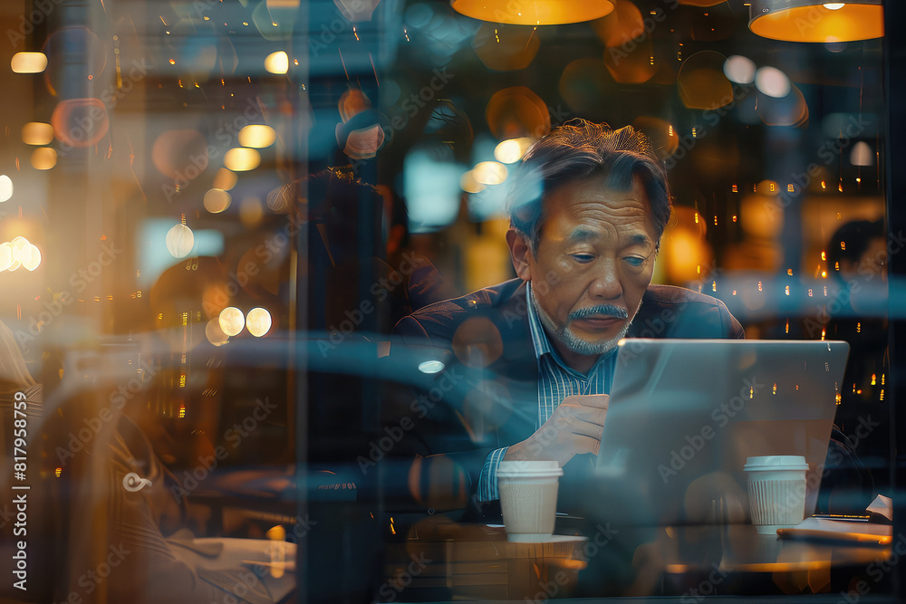 Serious middle aged Asian man working with laptop at a cafe. View through the glass of the showcase. Tranquil determination through glass. Serious middle aged Asian man working with laptop at a cafe. View through the glass of the showcase. Tranquil determination through glass.