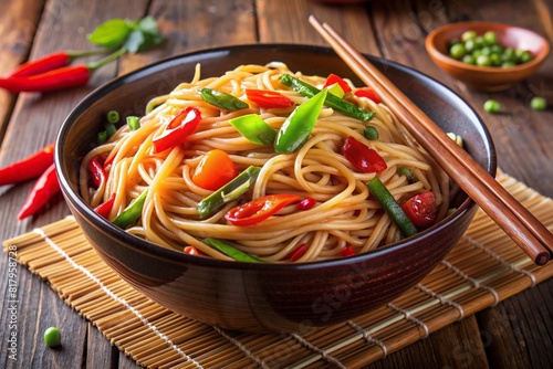 Spicy Asian noodles with vegetables and chilli in black bowl. Ai generated photo