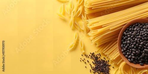 Linguine pasta and black beans in a petite dish with a wide range of elements that are purely uncooked over a pale yellow backdrop and space, Generative AI.