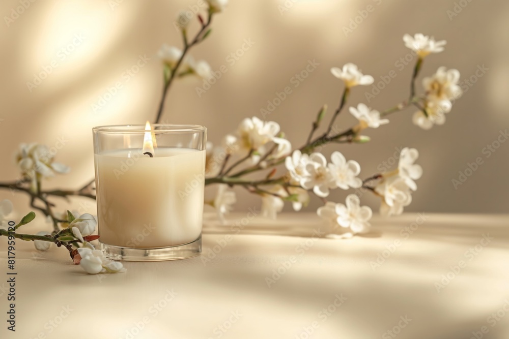 Soy candle on the table burns, nearby white flowers on a branch, beige background. Shadow from the window. Copy space for text. Concept: eco life, vegan product, handmade, natural, still life Soy candle on the table burns, nearby white flowers on a branch, beige background. Shadow from the window. Copy space for text. Concept: eco life, vegan product, handmade, natural, still life