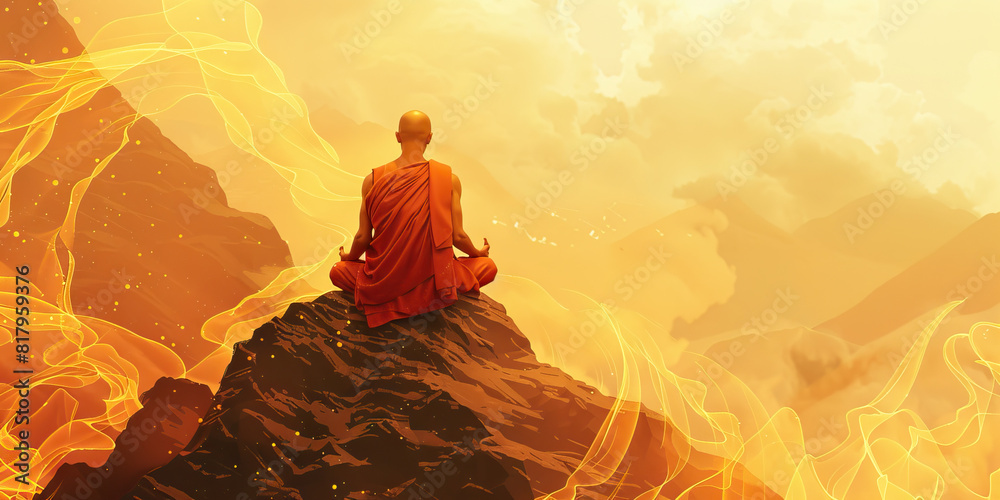 Obraz premium A Buddhist monk meditates atop a mountain peak, one with the universe and the divine energy that flows through it.