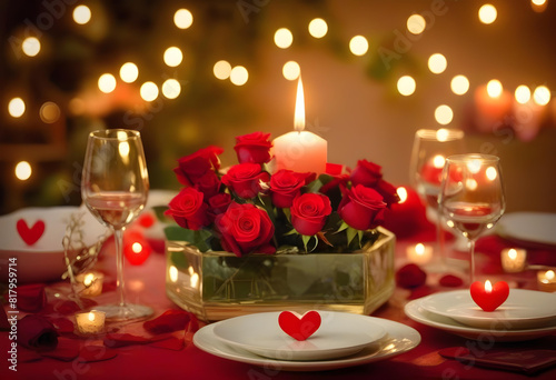 A table set for a romantic dinner with a centerpiece of red roses and candles