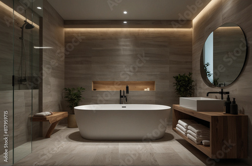 Minimalist Bathroom with Geometric Lines  Freestanding Bathtub  and Recessed Lighting  Featuring Monochromatic Color Scheme and Natural Materials for a Serene Relaxation Retreat
