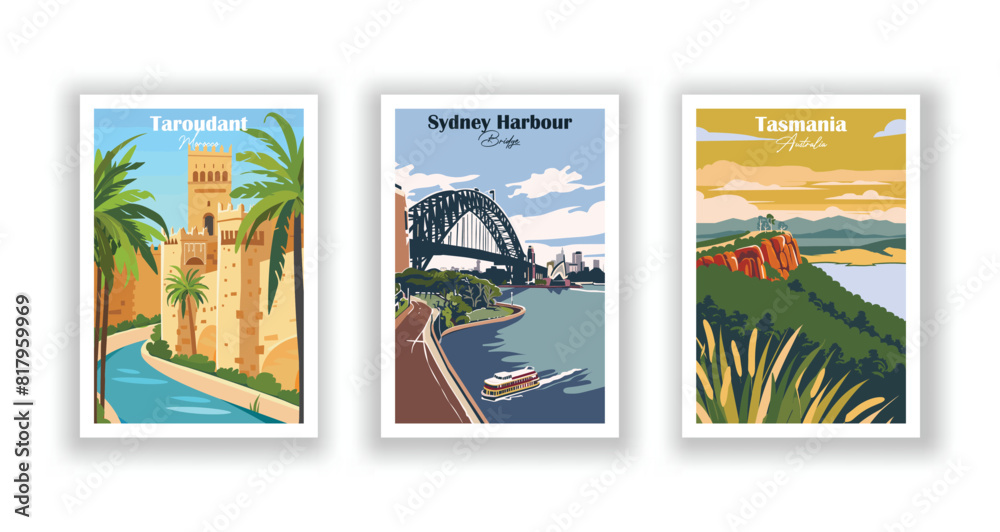 Obraz premium Taroudant, Morocco, Tasmania, Australia, Sydney Harbour, Bridge - Set of 3 Vintage Travel Posters. Vector illustration. High Quality Prints