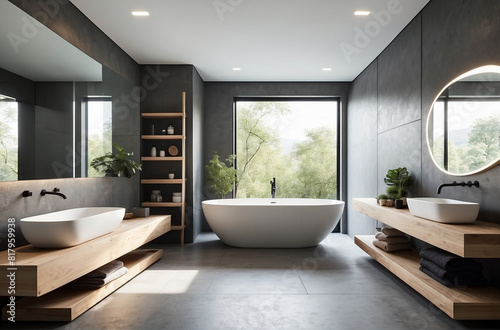 Minimalist Bathroom with Geometric Lines  Freestanding Bathtub  and Recessed Lighting  Featuring Monochromatic Color Scheme and Natural Materials for a Serene Relaxation Retreat